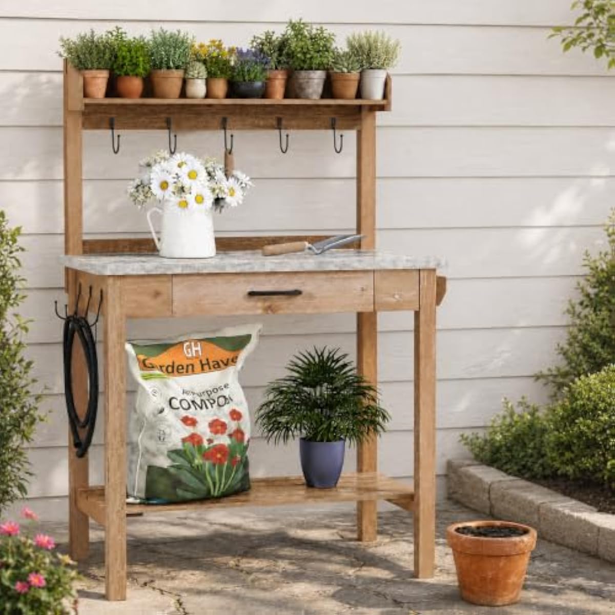 Woodworking Bench - Outdoor Potting Bench with Metal Tabletop